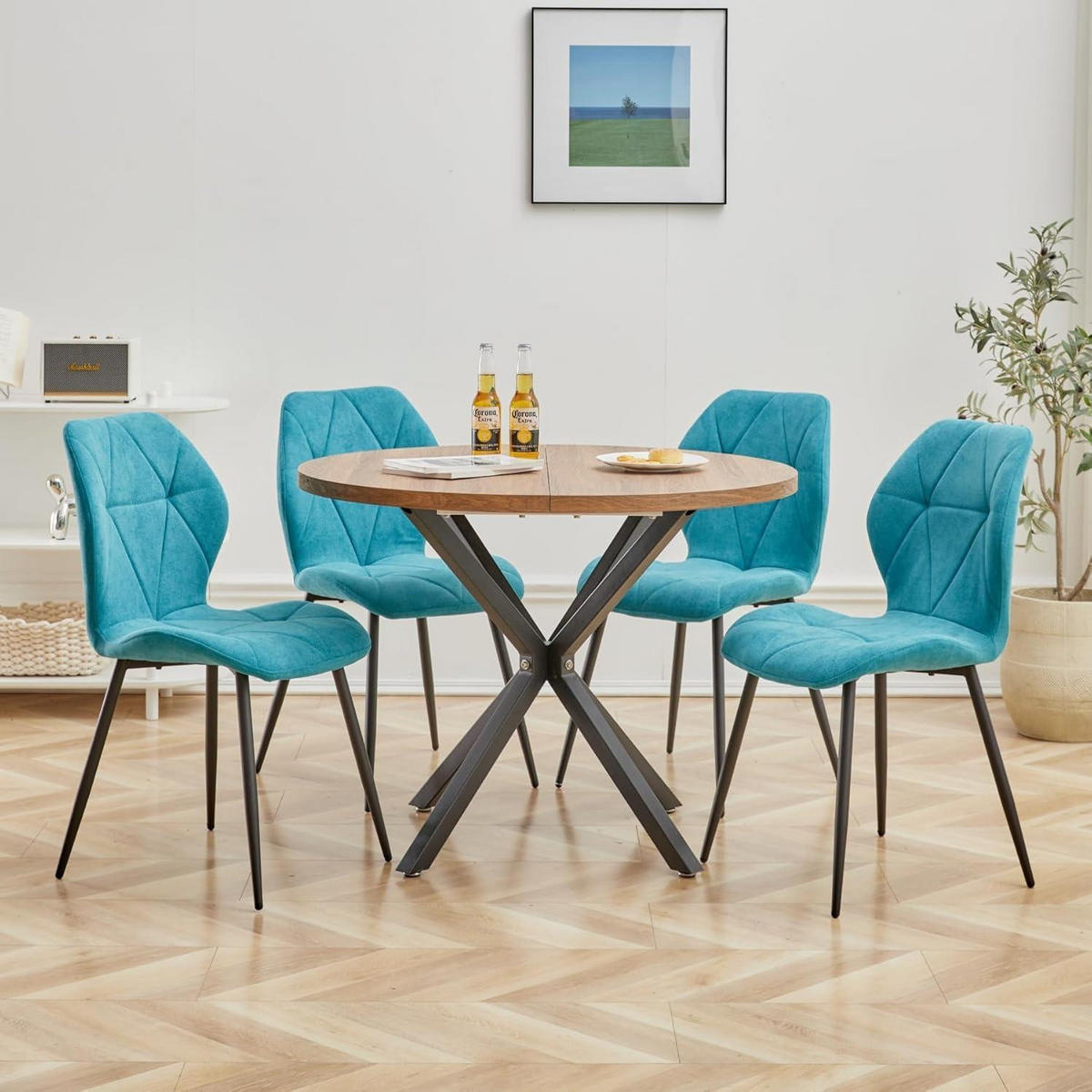 ESSZIMMERSTUHL 6er-Set Leinen-Diamantgewebe Seeblau - Türkis, Textil (43/86/47.5cm)