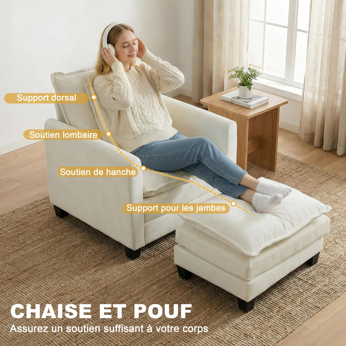 SESSEL DE-13505 mit Fußhocker, breite Sitzfläche, Chenille Creme - Creme, Textil (85/86/128cm) - ComfortXL
