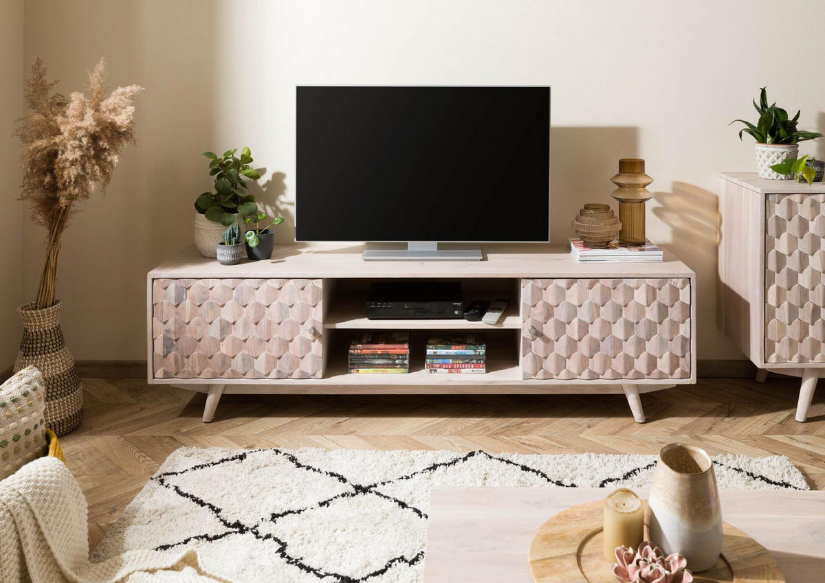 TV-BOARD Akazie 170x42x48 weiß lackiert MOSAYK #211 - Weiß, Holz (170/48/42cm) - Massivmoebel24