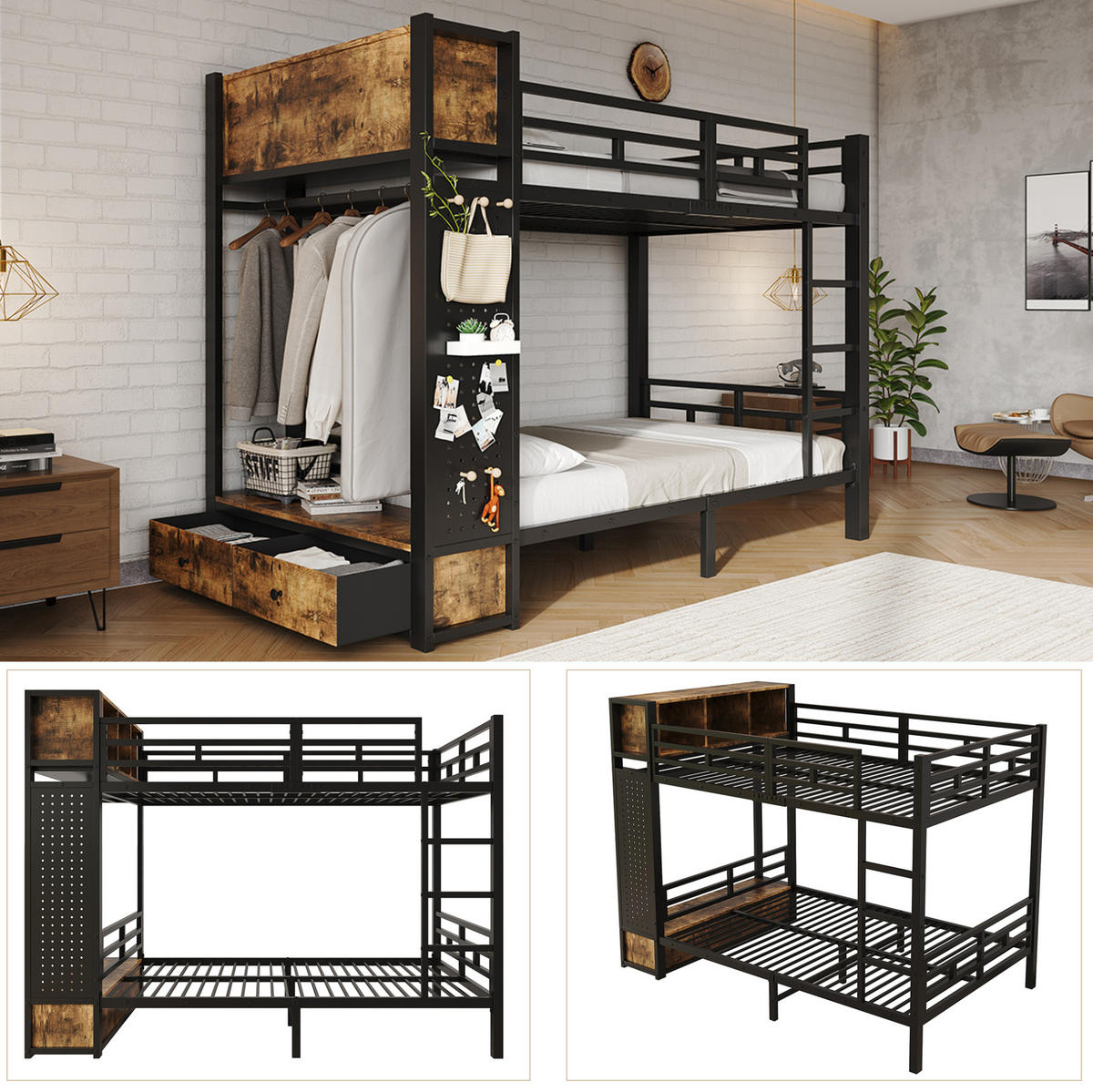 ETAGENBETT aus Metall und Holz 120x200 cm Schwarz/Dunkelbraun mit Stauraum, Kleiderstange, Schublade und Lochwand - Schwarz, Metall (120/200cm) - Modfu