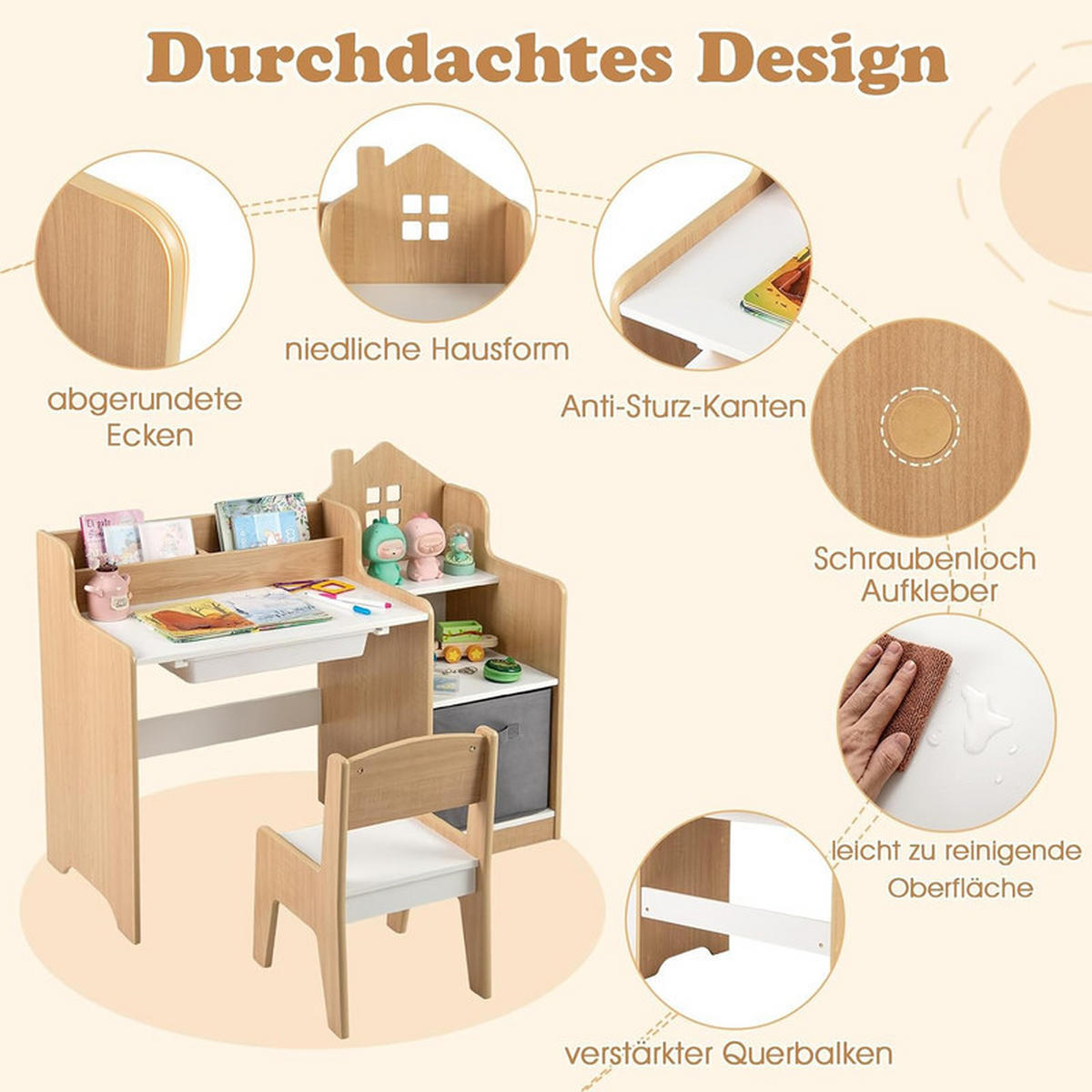 KINDERSCHREIBTISCHE mit Stühlen natur(2-tlg) - Naturfarben, Holzwerkstoff (94/76.5/50cm) - COSTWAY