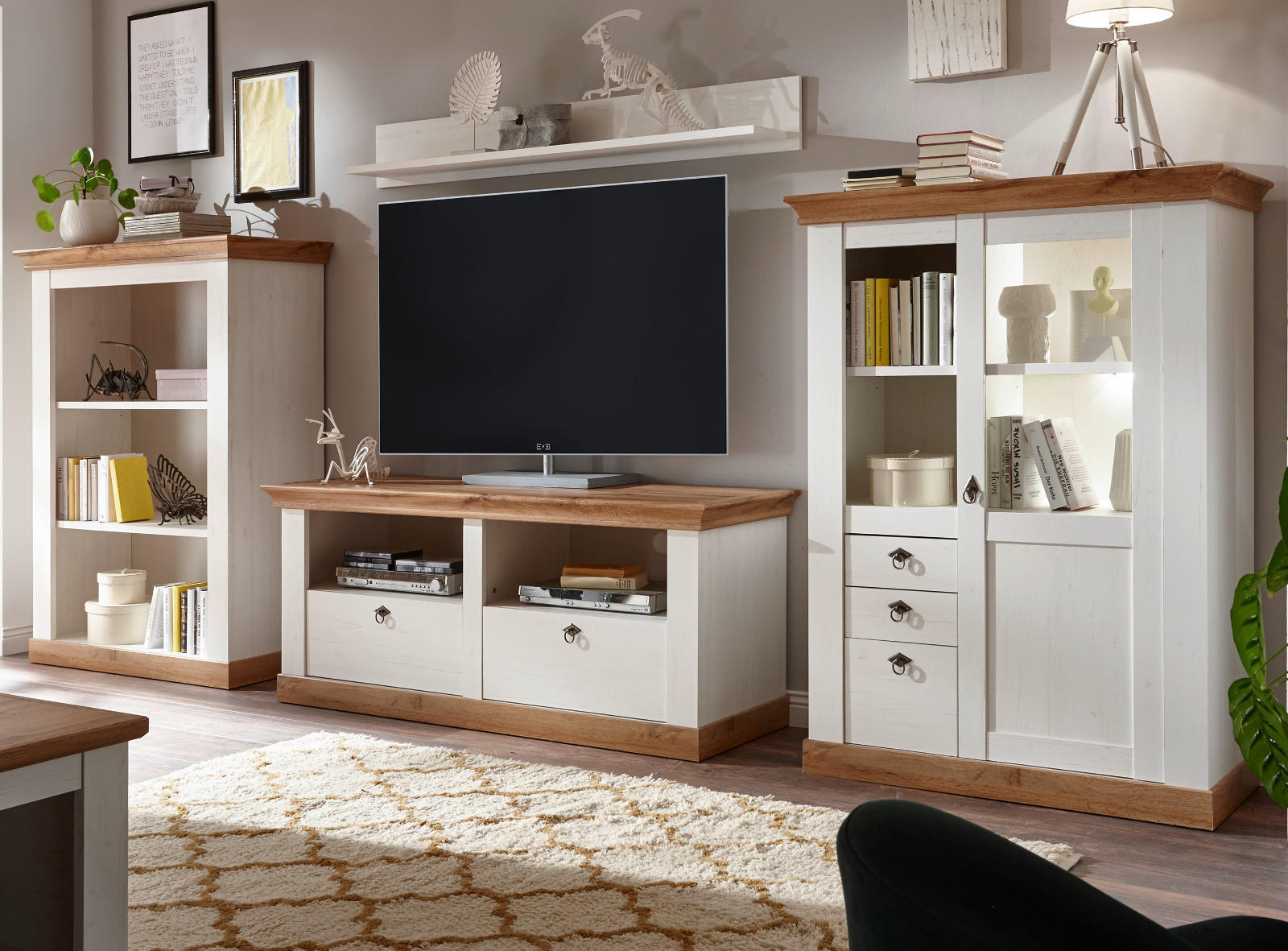 WOHNWAND weiß Pinie, Eiche 4-teilig 376 cm, Schrankwand im Landhaus-Stil - Silberfarben/Eiche Wotan, Glas/Holzwerkstoff (376/170/52cm) - Furn.Design