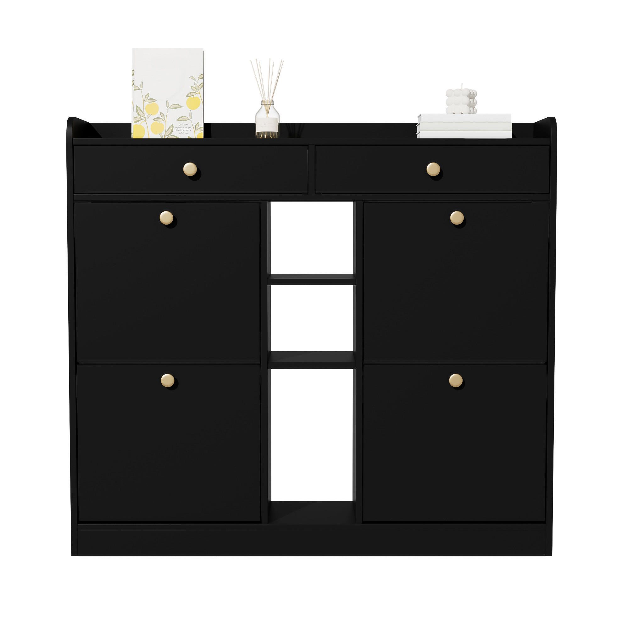 SCHUHSCHRANK 110/26/100 cm in Schwarz mit 4 Klapptüren und 2 Schubladen - Schwarz, Holzwerkstoff (110/100/26cm) - Flora Grace