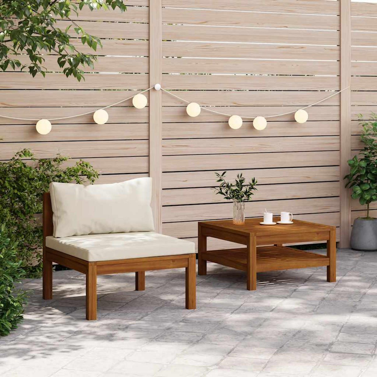GARTEN-SOFAGARNITUR 2-teilig Mit CremeWeißen Kissen Akazienholz - Creme/Braun, Holz/Textil - vidaXL