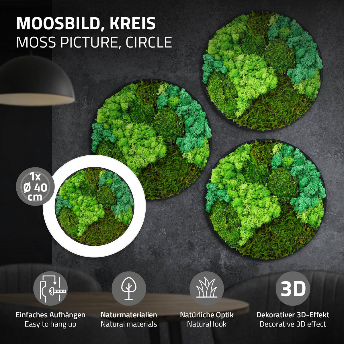 MOOSBILD Rund Ø 40 cm Mooswand Indoor mit echtem echtem Kugelmoos-Islandmoos-Flachmoos-Mix und Holzrahmen Grün - Waldgrün, Naturmaterialien (40/40/3cm) - ECD-Germany