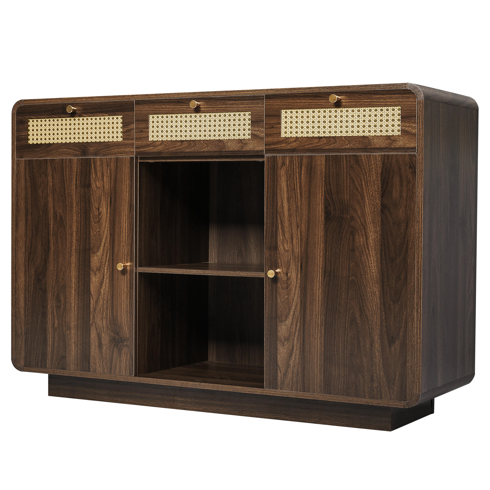 SIDEBOARD DE-37497 120/40/85 cm mit Rattan und Goldgriffen Nussbaum - Walnussfarben, Holzwerkstoff (120/85/40cm) - ComfortXL