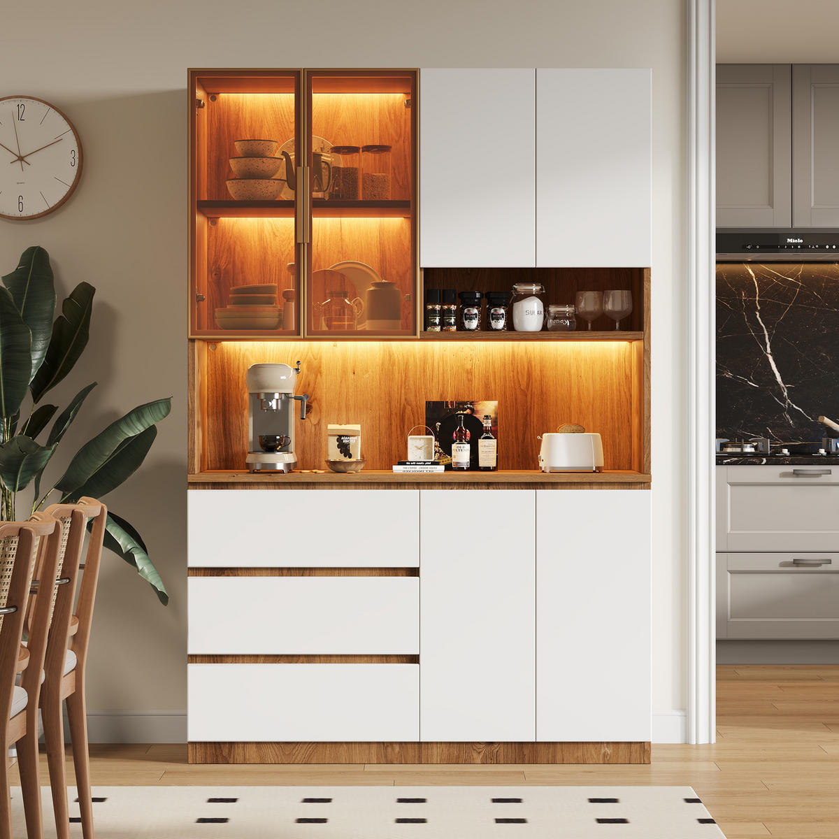 BUFFET SCHRANK LED 6 Türen 3 Schubladen 180cm Weiß - Weiß, Glas (120.5/180/40cm) - FLIEKS