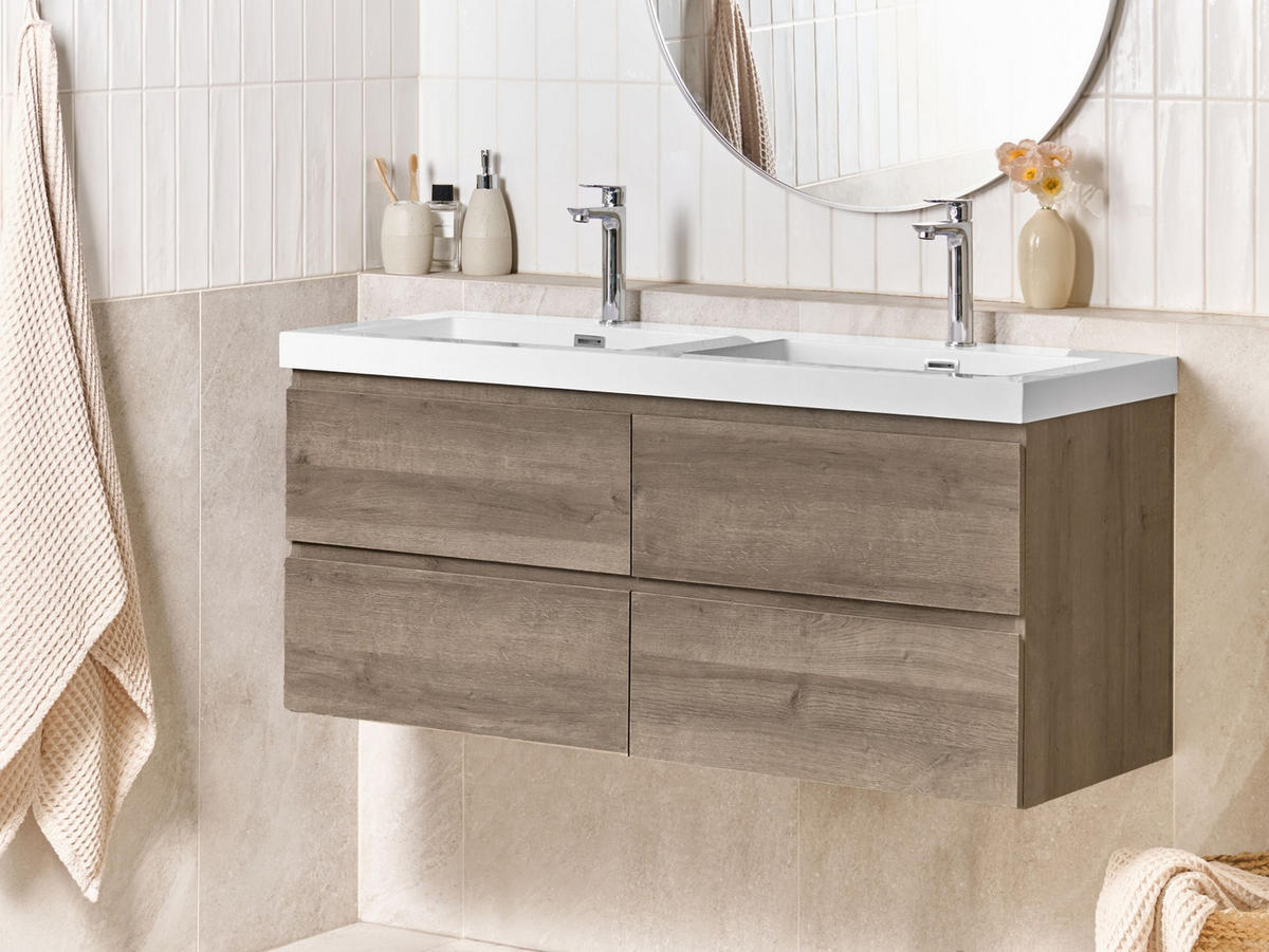 DULAP SUB LAVOAR montat pe perete cu lavoar dublu taupe Viedma - taupe, compozit lemnos (120/52/46cm) - Beliani