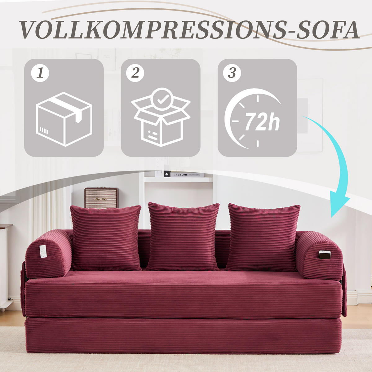 SCHLAFSOFA, Modulares Tagesbett mit Metallgestell, Klappbares Bodensofa Cordstoff, Weinrot - Weinrot, Textil (94/67/200cm) - LVHOM