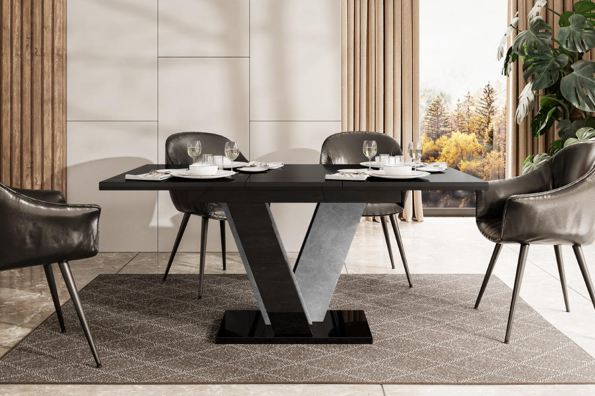 ESSTISCH ausziehbar 120 -160x90x75 cm - Hochglanz Schwarz/Betonoptik - INEY - Schwarz Hochglanz, Holzwerkstoff (120/90/75cm) - ALTDECOR