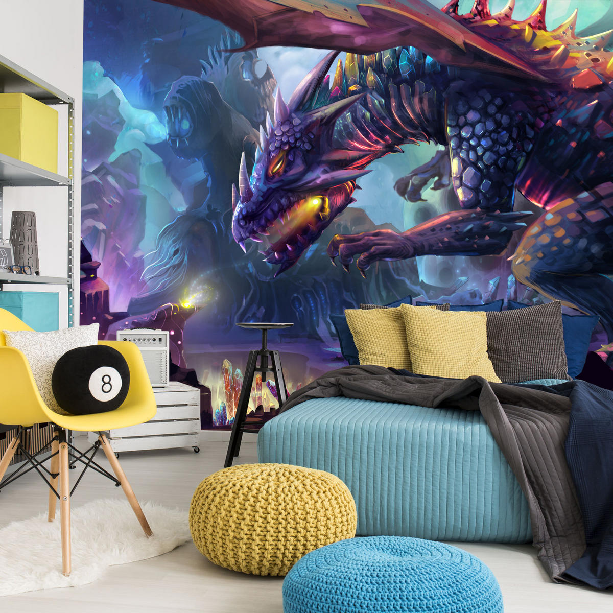 FOTOTAPETE für Jugendzimmer Fantastischer Drache Magische Welt Fantasy 450x315 - Türkis/Violett, Papier (450/315cm) - Muralo