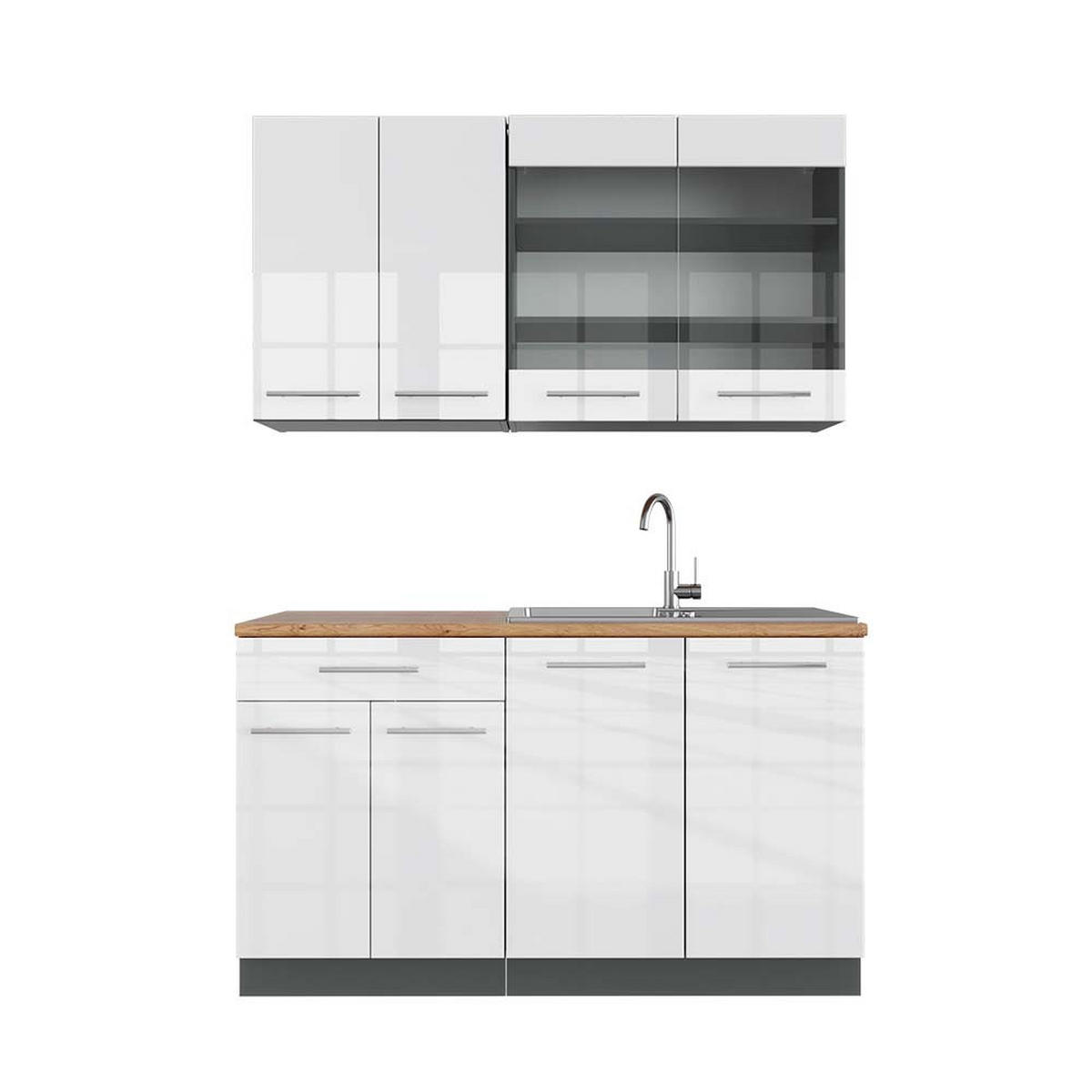 SINGLEKÜCHE Fame-Line Weiß Hochglanz/Anthrazit 140 cm, AP Eiche - Weiß Hochglanz/Anthrazit, Holzwerkstoff (140/81.6/60cm) - Vicco
