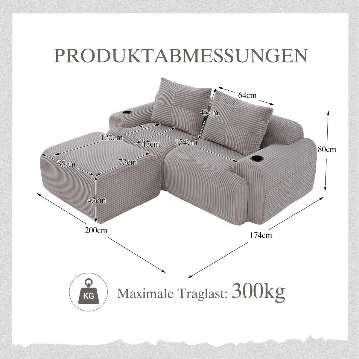 MODULARES 2-Sitzer Sofa Cordstoff mit Getränkehalter und Seitentasche 200/174/80 cm Hellgrau - Hellgrau, Textil (174/200cm) - Redom