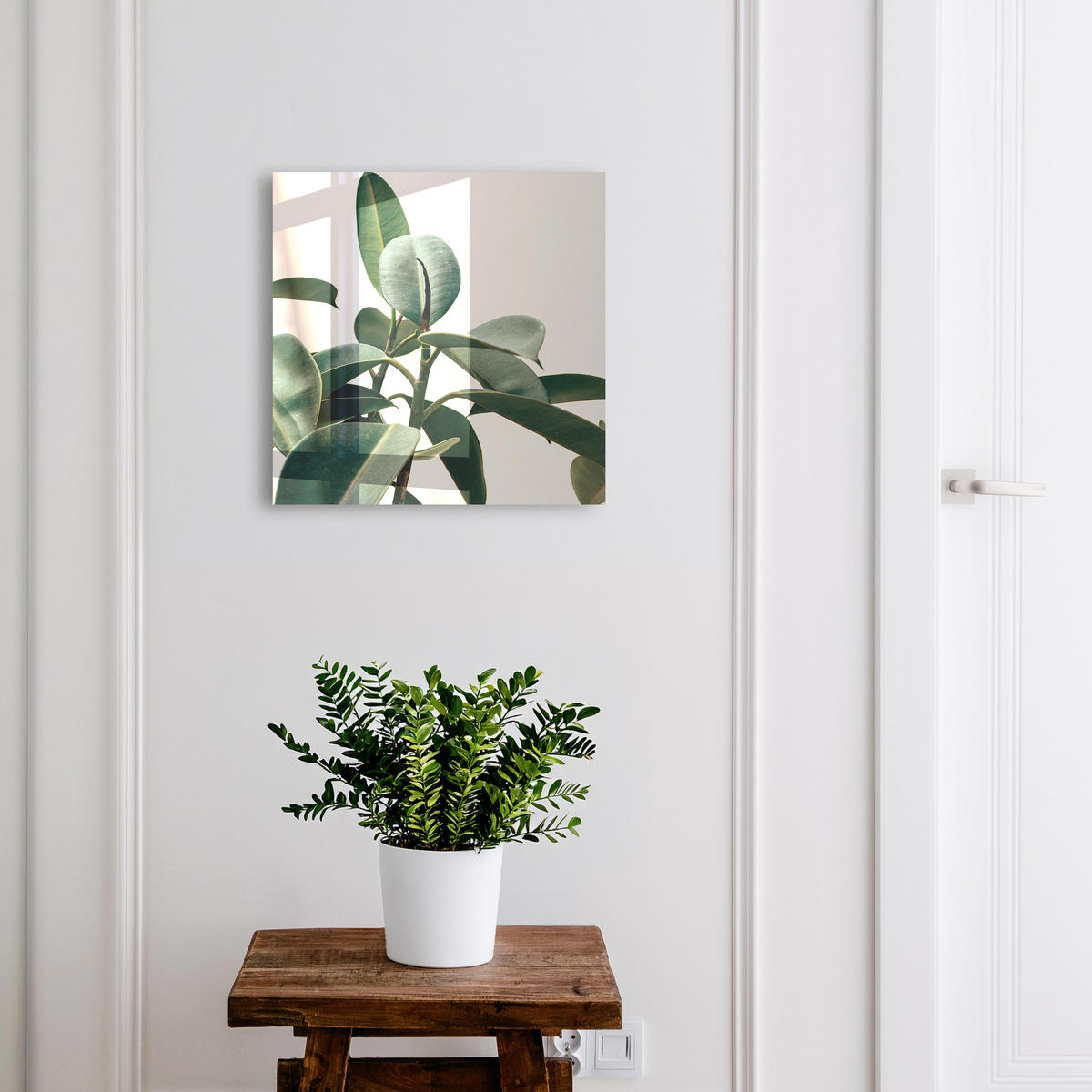 SCHLÜSSELBOX Weiß 30x30 cm – Türöffnung nach rechts - Ficusblätter - Grün, Metall (30/30/5cm) - TULUP