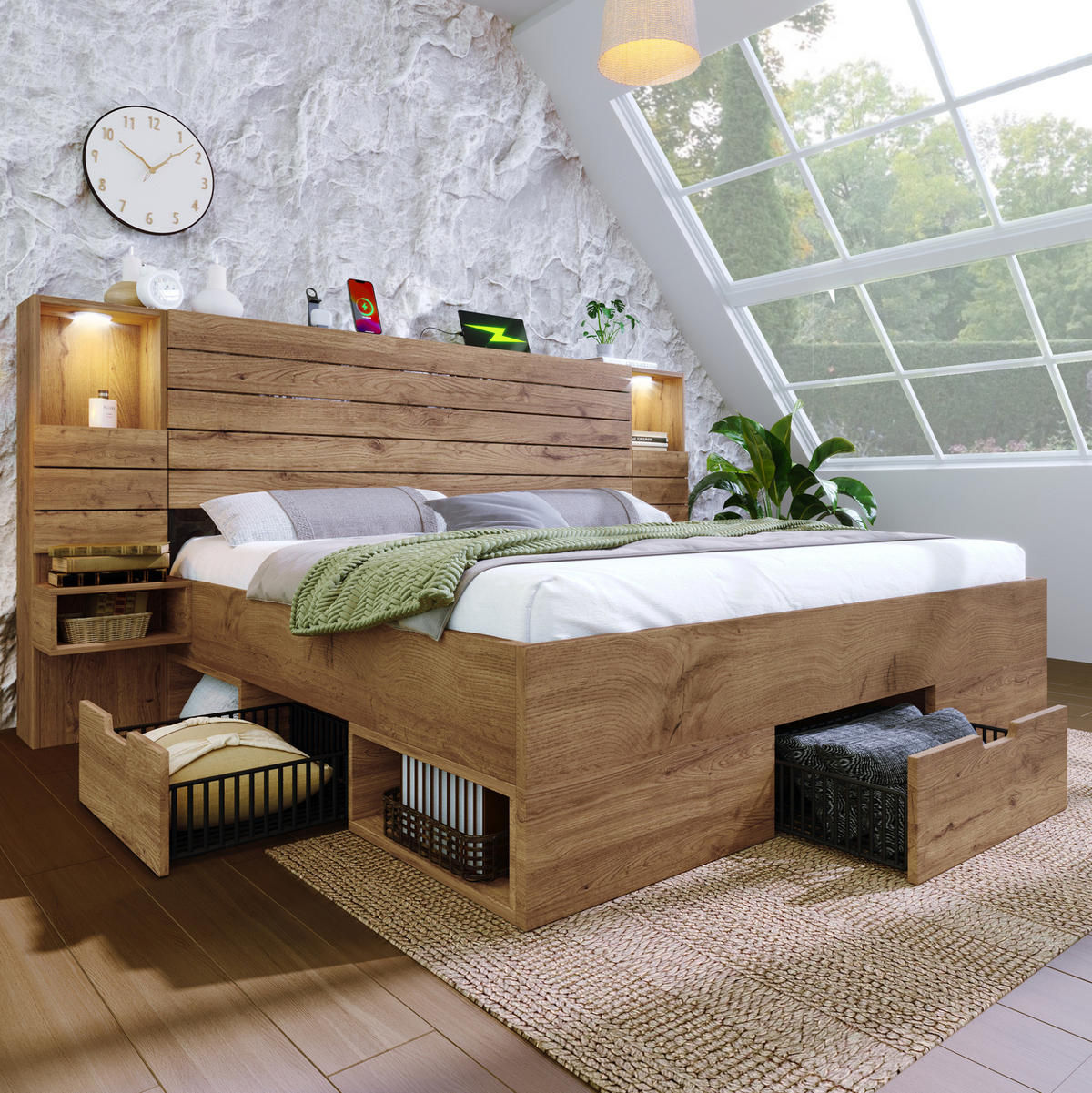 DOPPELBETT aus Holz 160x200 cm Eiche mit LED-Downlights, USB- und Type-C-Anschluss, Stauraum und Matratze - Eichefarben, Holzwerkstoff (140/200cm) - Modfu