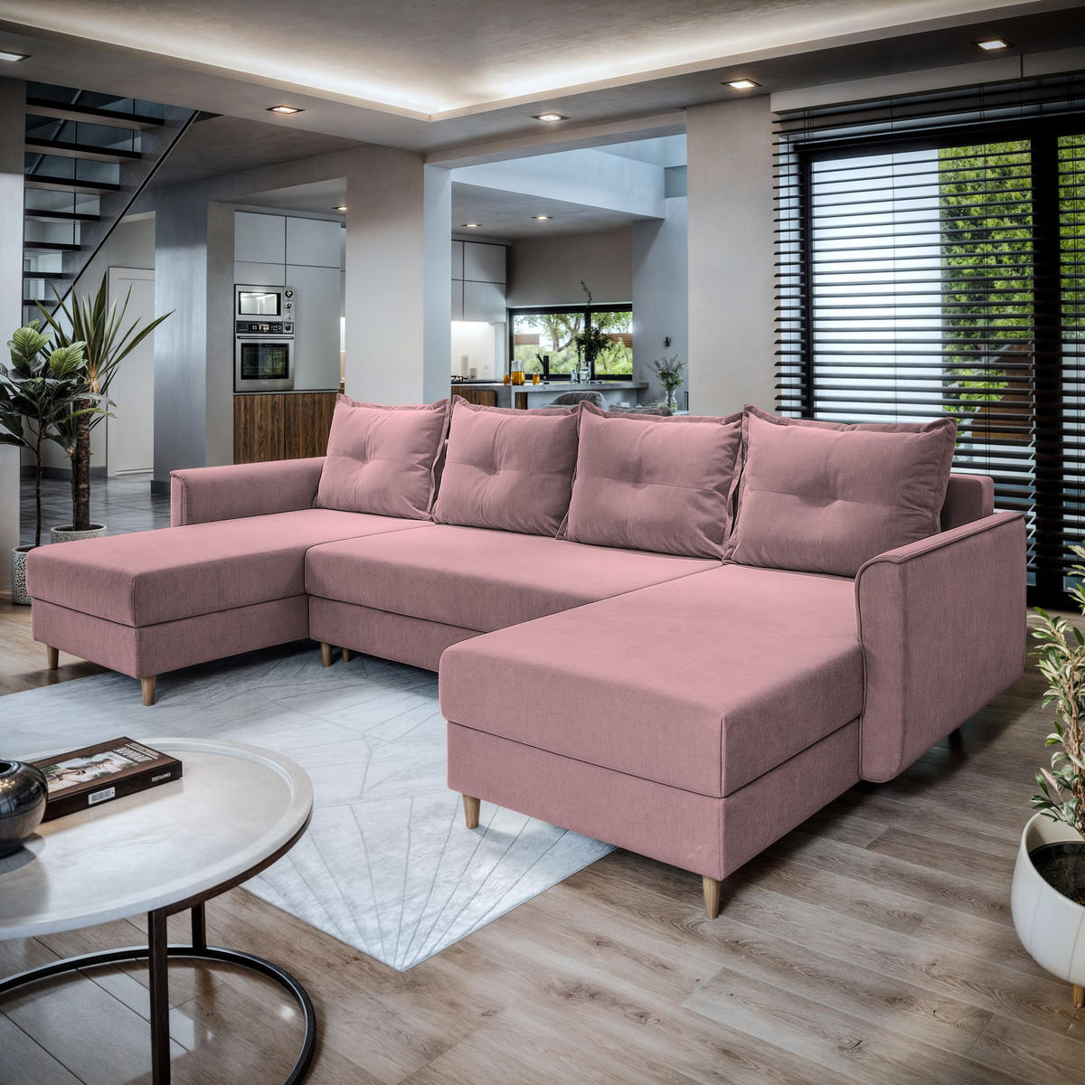 WOHNLANDSCHAFT VERNI Rosa Plüsch-Stoff mit Schlaffunktion - Rosa, Holz (285/91/143cm) - MASSENO