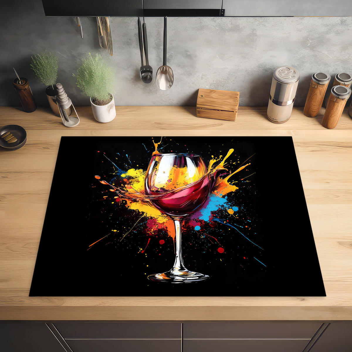 HERABDECKPLATTE - Wein - Glas - Graffiti - Getränk - Rot - Farbe - 80x55 - Weinrot, Kunststoff (80/55/0.2cm) - MuchoWow