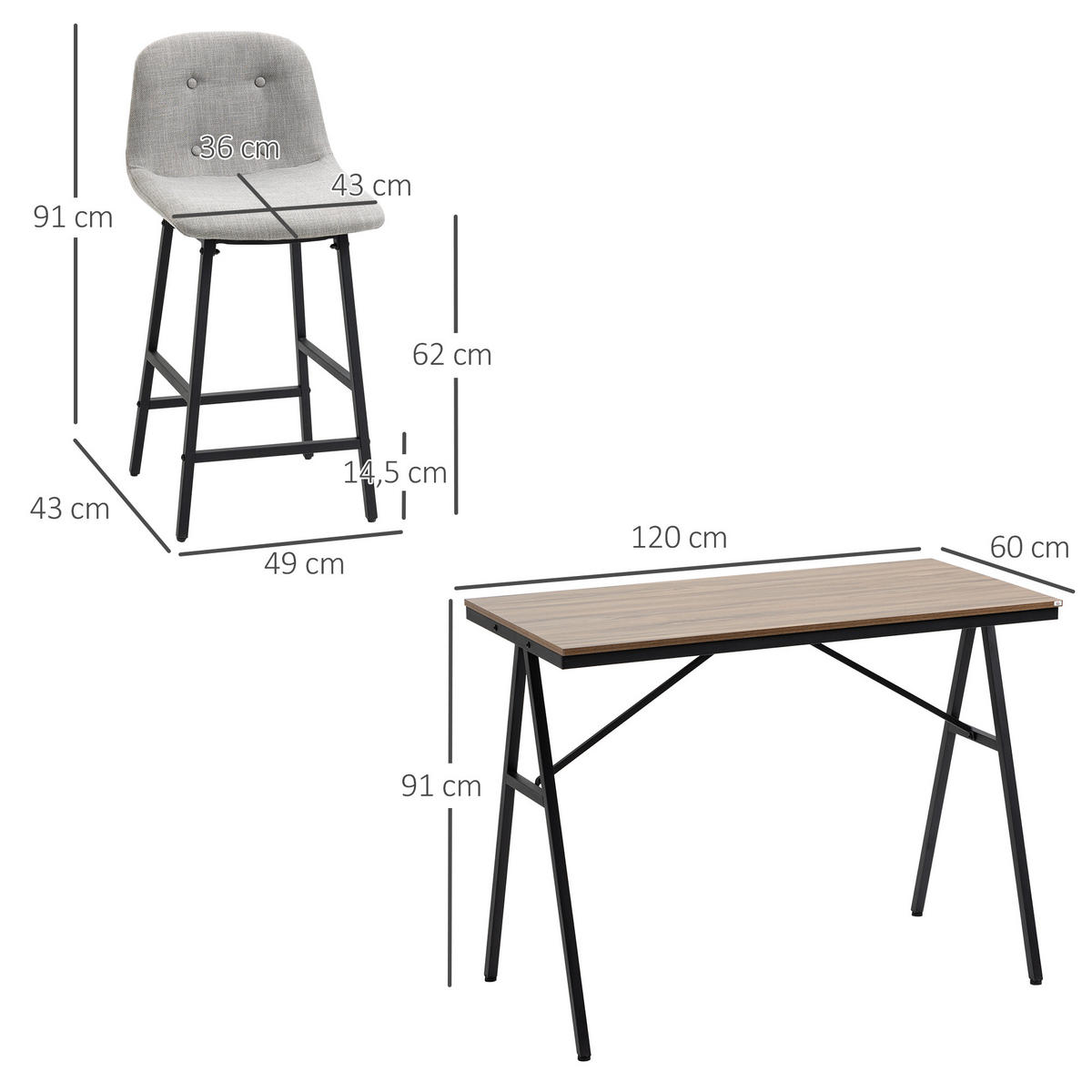 BARTISCH mit Barhocker Set, 5-teilig Essgruppe, Küchentisch, Bartisch Set, Grau - Hellbraun, Textil (60/91/120cm) - HOMCOM