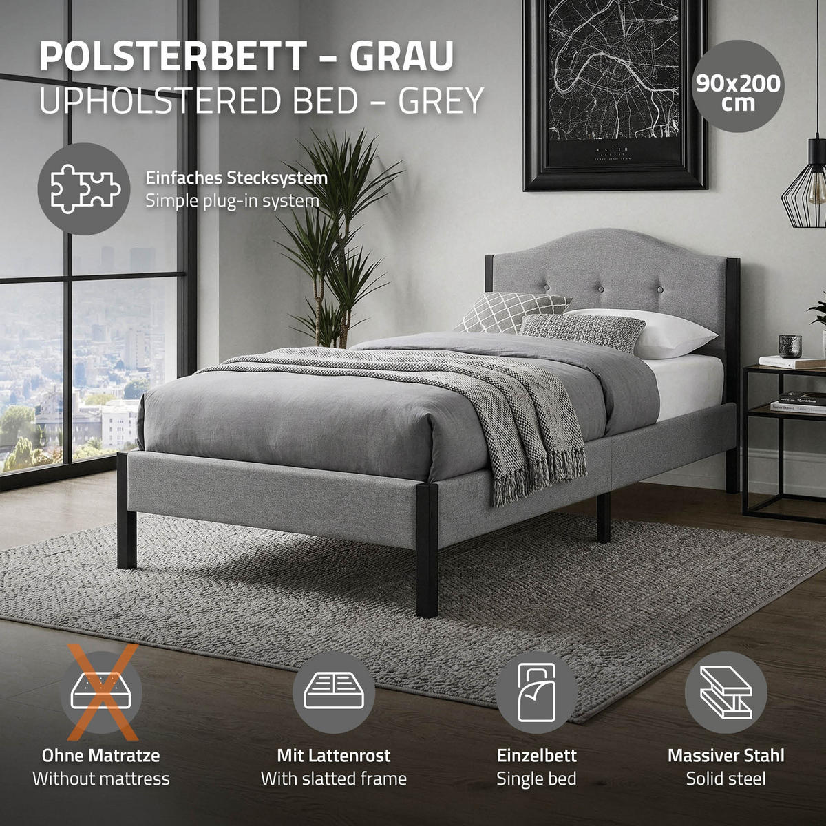 POLSTERBETT 90x200 cm Grau mit Lattenrost und Leinenstoff - Grau, Holzwerkstoff/Textil (90/200cm) - ML-DESIGN
