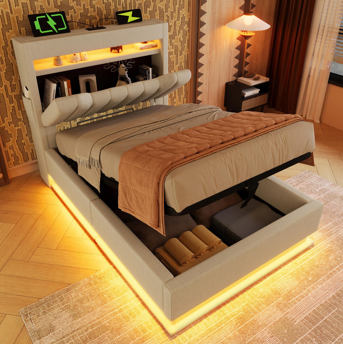 POLSTERBETT 90/200 cm mit Bettkasten, LED-Beleuchtung und Ladefunktion - Beige, Textil (90/200cm) - BEAOK