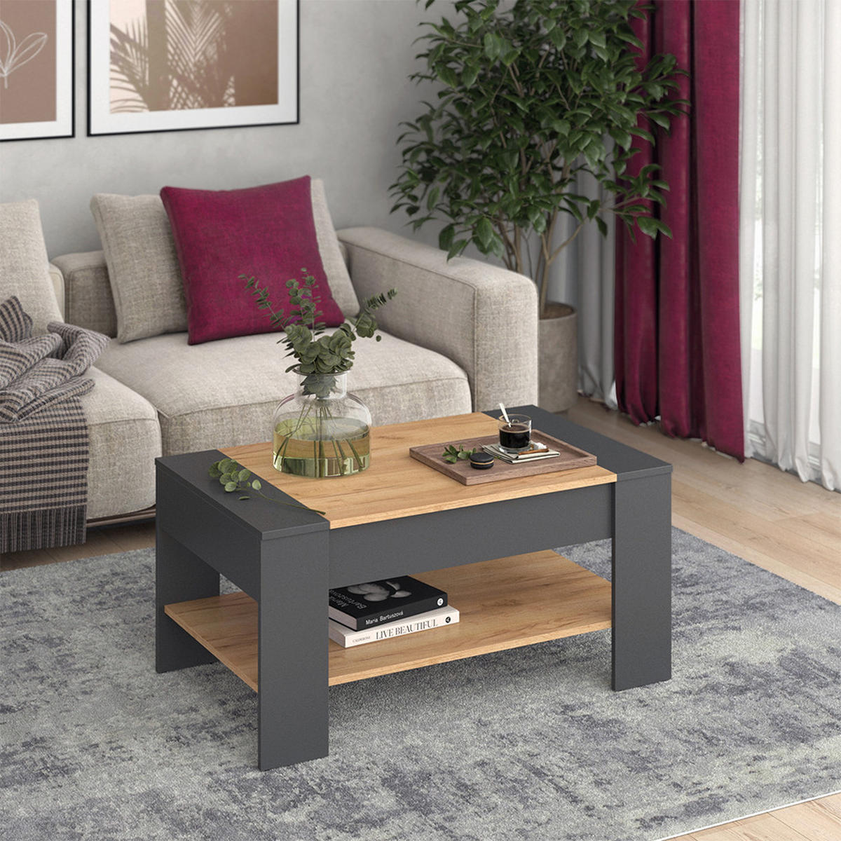 COUCHTISCH August Goldkraft Eiche/Anthrazit 99.6 x 58.8 cm mit Schublade - Anthrazit/Eiche Wotan, Holzwerkstoff (58.8/99.6/48.2cm) - Vicco