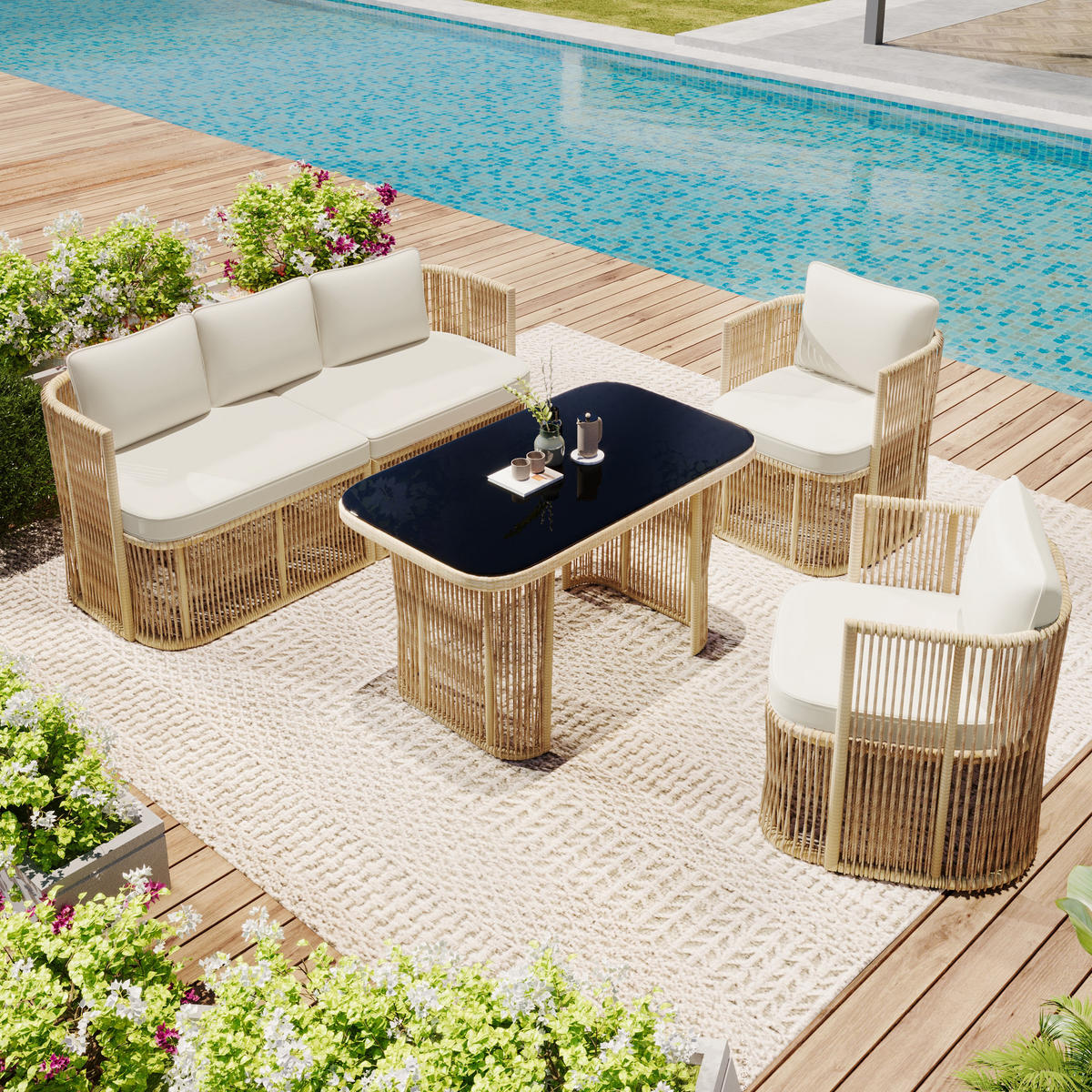 GARTENSET Rattan 4 tlg Sofa Sessel Tisch - Beige, Metall - LEBENLANG