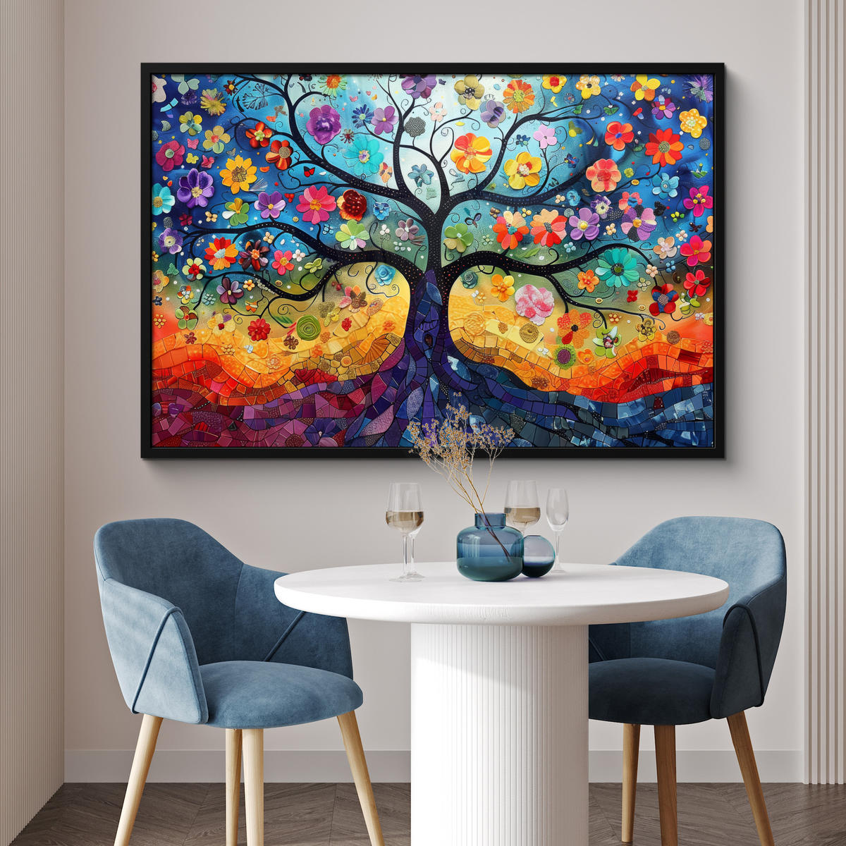 ZARÁMOVANÝ PLAGÁT Umenie - Strom života - Kvety - Hippie 120x80 cm - tmavomodrá, papier (120/80cm) - MuchoWow