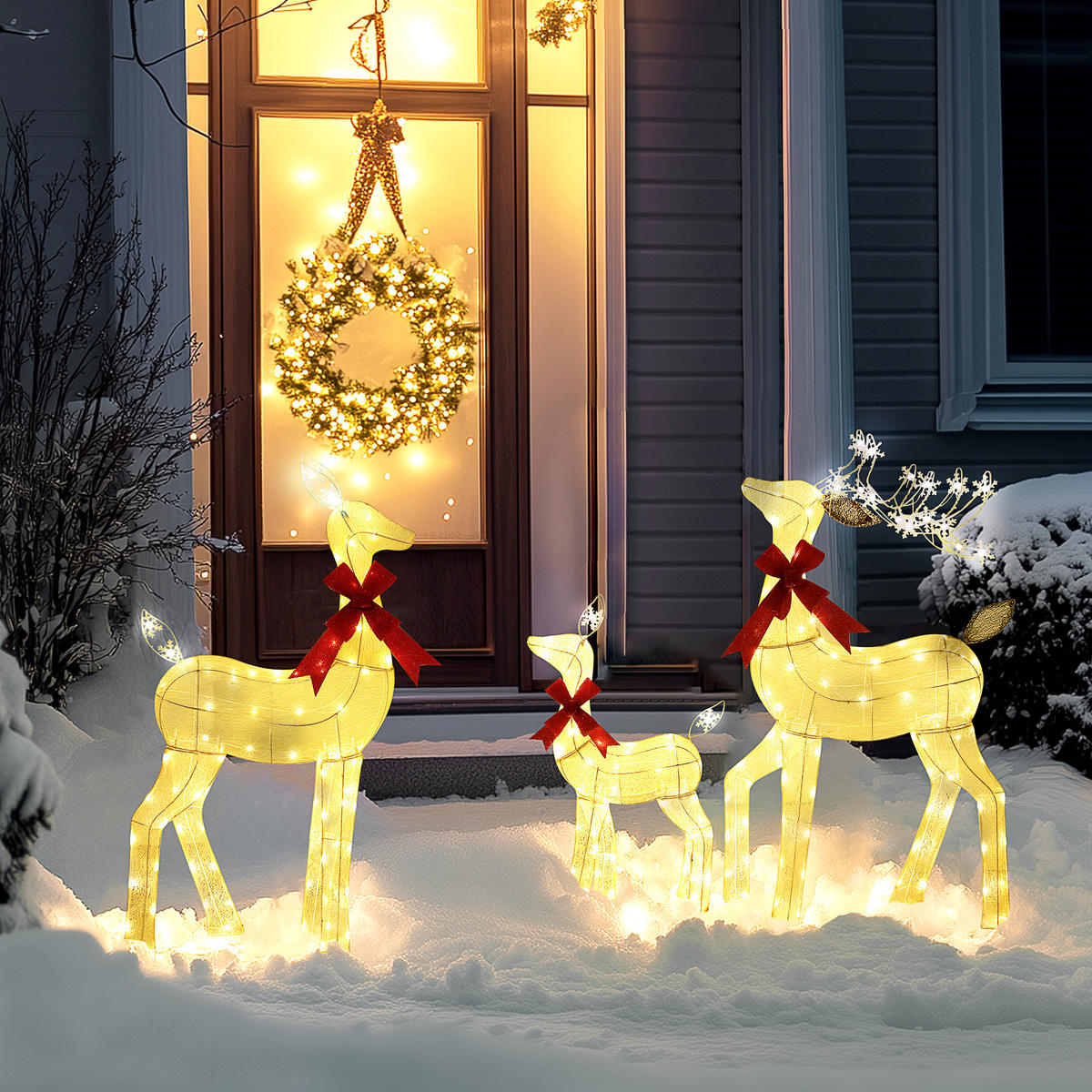 3-TEILIGE Weihnachts-Dekoration, Rentier-Familie mit LED-Beleuchtung, Gelb+Rot - Gelb, Metall (28/129/63cm) - Outsunny