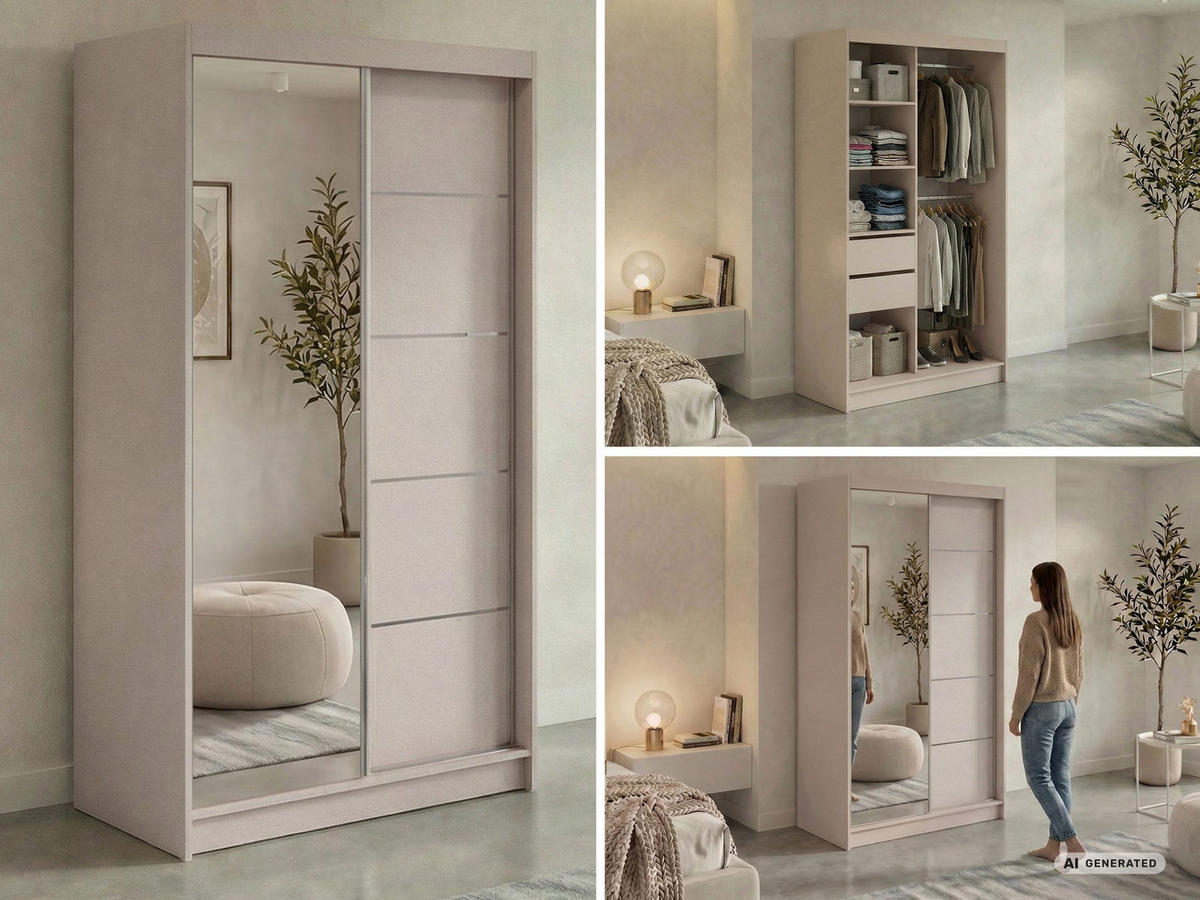 SCHWEBETÜRENSCHRANK mit Schubladen 120 - SKORIA - Kaschmir mit Spiegel - Kaschmir/Alufarben, Holzwerkstoff/Metall (120/216/61cm) - MKS