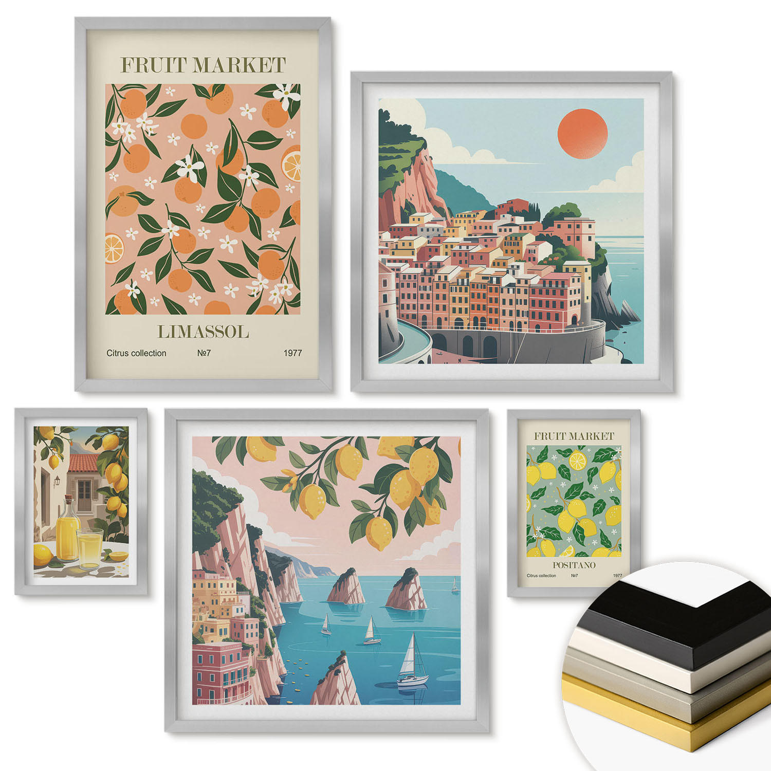WANDBILDER 5er Set - 50x50 cm & 20x30 cm & 40x60 cm Silberner Rahmen - Abstrakte ästhetische Berge - Silberfarben, Kunststoff (40/60cm) - ArtPrintCave