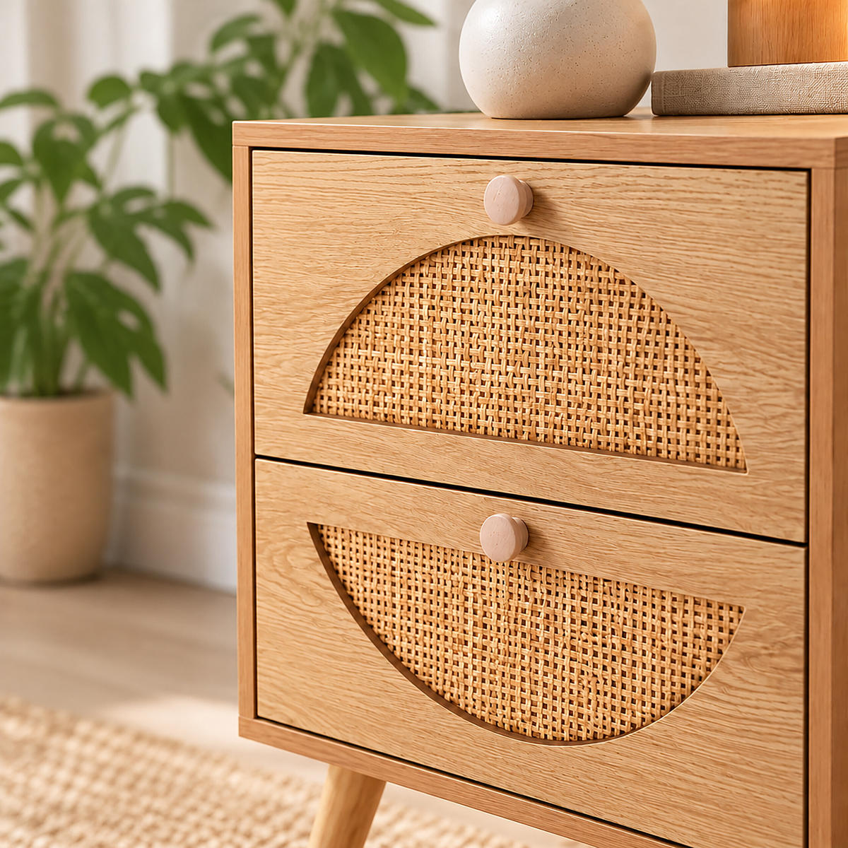 NACHTTISCH Natur Rattan 2 Schubladen - Hellbraun, Holz/Holzwerkstoff (40/52/35cm) - Relaxdays