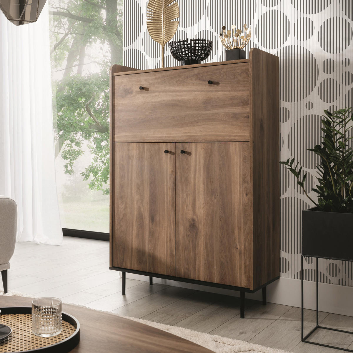 HIGHBOARD Nero KB90 90/45/140 mit Barschrank - Hellbraun/Schwarz, Holzwerkstoff/Metall (90/140/45cm) - Ravio