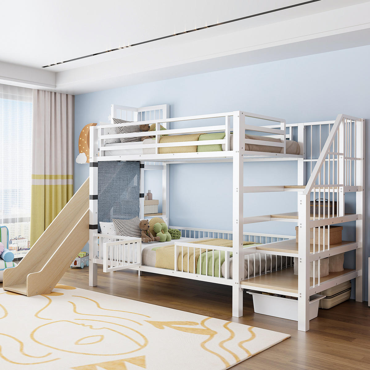 HOCHBETT 90/200 cm aus Metall/MDF mit Rutsche, Stauraumtreppe und Regalen Weiß - Weiß, Metall (90/200cm) - Modenvie