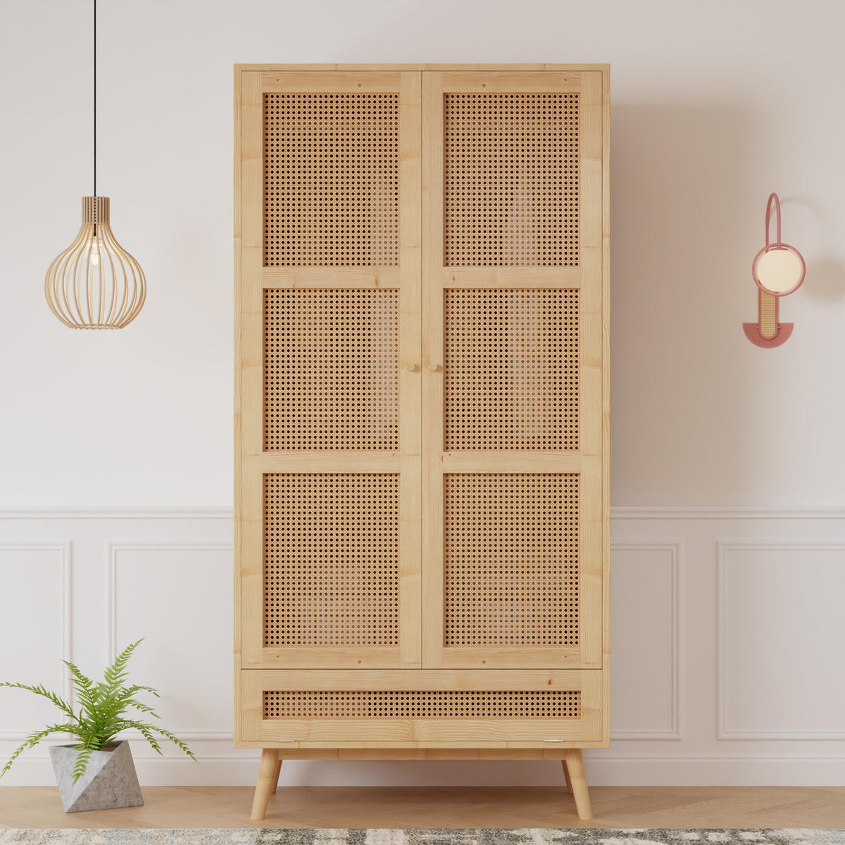 KLEIDERSCHRANK 90/45/183 cm mit 2 Drehtüren und Rattan-Optik in Natur - Naturfarben, Holz (90/183/45cm) - BEAOK