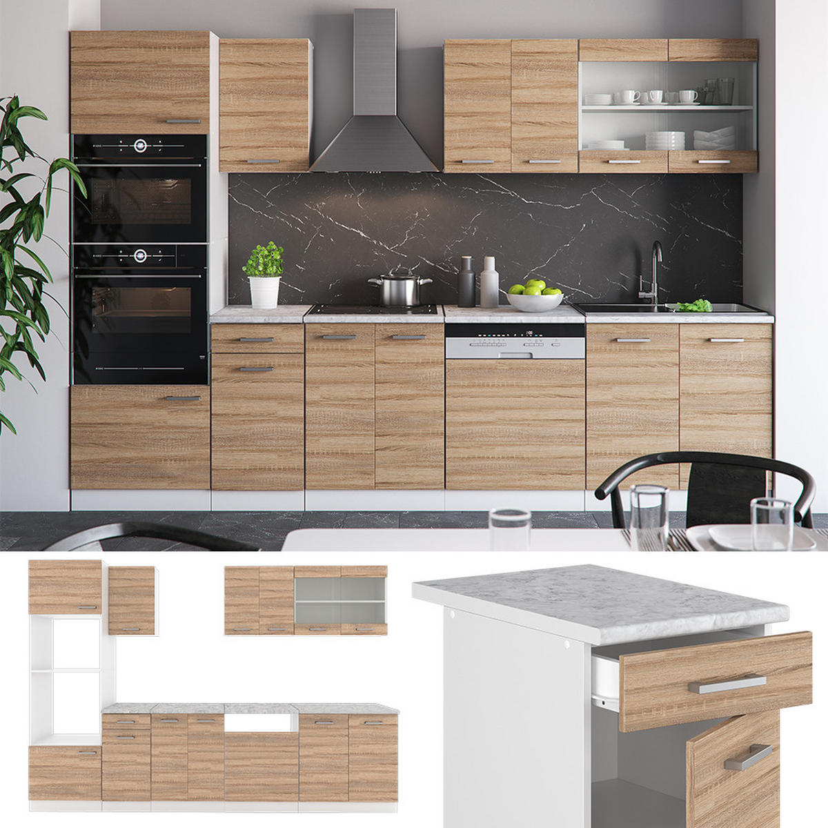 KÜCHENZEILE R-Line Sonoma/Weiß 300 cm mit Hochschrank, AP Eiche - Weiß/Sonoma Eiche, Holzwerkstoff (300/81.6/60cm) - Vicco