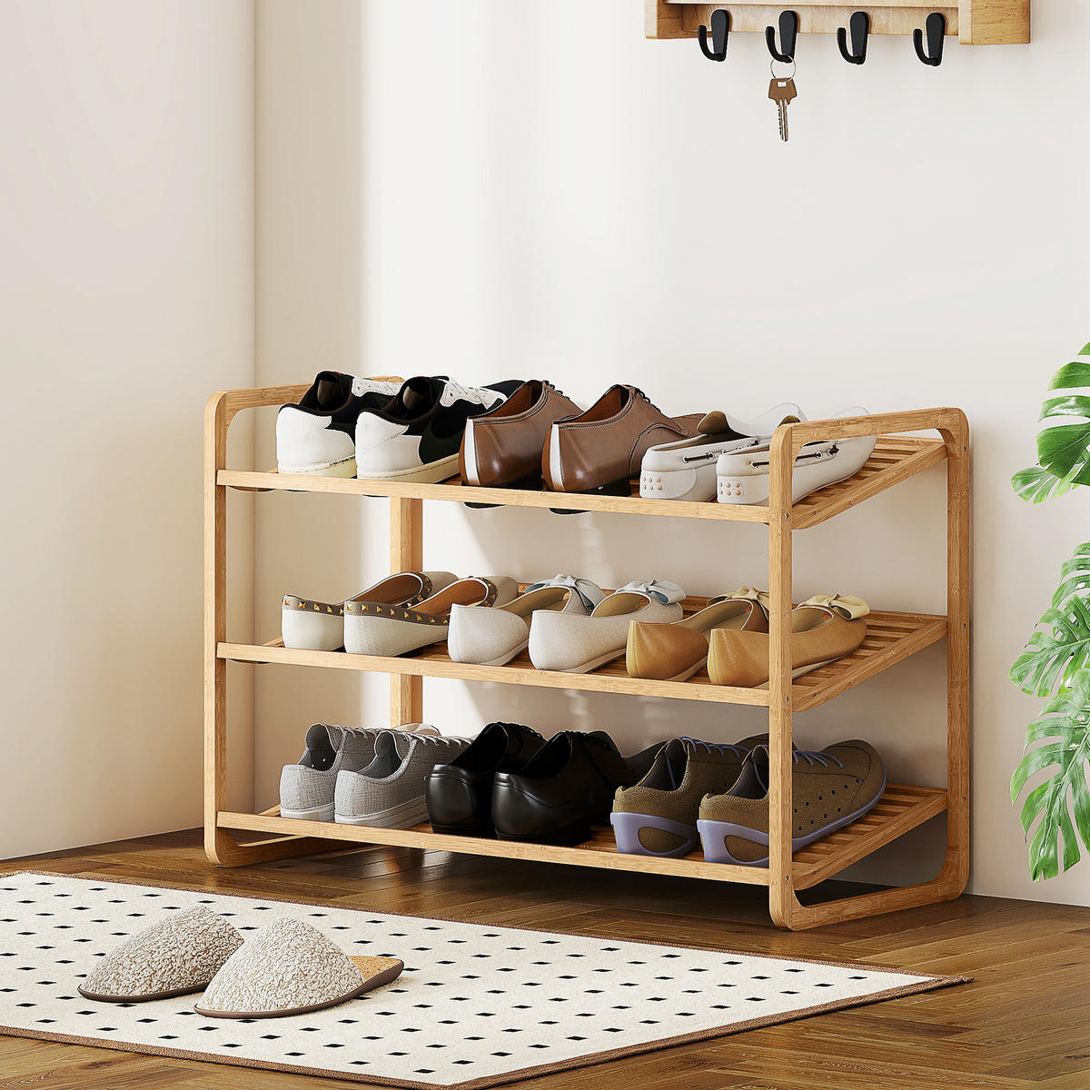 SCHUHREGAL mit 3 Ebenen Schuhaufbewahrung Schuh-Organizer für 9-12 Paar - Naturfarben, Holz/Bambusholz (33/50.8/76cm) - HOMCOM