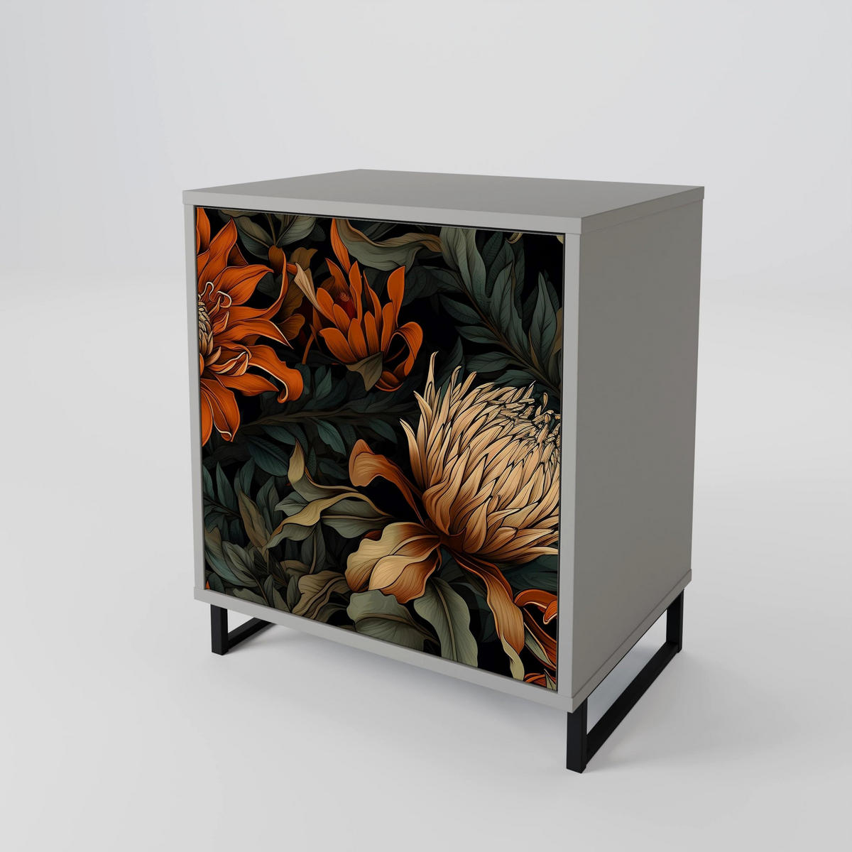 SIDEBOARD DAWN BLOOM, Grau, 57,5x42x72,5 cm, Schwarze Metallfüße - Multicolor/Schwarz, Holzwerkstoff/Metall (57.5/72.5/42cm) - SpaceRebels