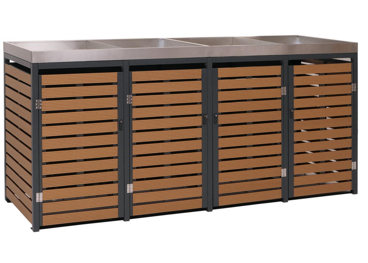 MÜLLTONNENVERKLEIDUNG 4er 124x265x84cm mit Pflanzkasten Teak-Optik - Braun, Metall (265/124/84cm) - PROREGAL