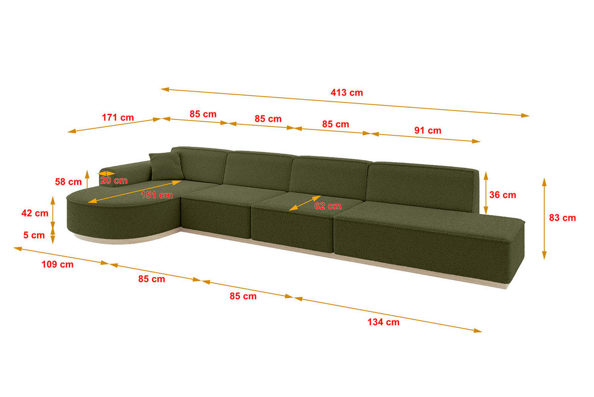 ECKSOFA Ottomane Links ARRIO-L3 - 413x171x83 cm Grün - Grün, Holzwerkstoff/Textil (413/171cm) - ALTDECOR
