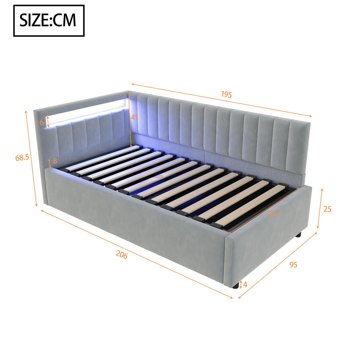 POLSTERBETT 90/200 cm mit LED-Beleuchtung, hydraulischem Stauraum und Samtbezug, Grau - Hellgrau, Textil (90/200cm) - Redom