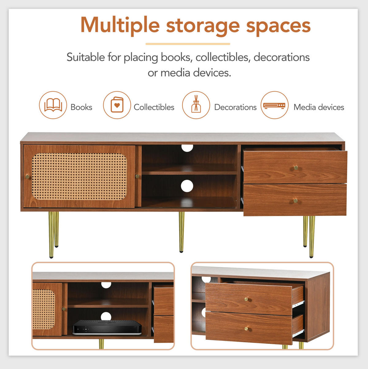 TV-SCHRANK in Walnuss mit Schiebetüren in Rattan-Optik 160/40/60 cm - Walnussfarben, Holzwerkstoff (160/60/40cm) - Redom