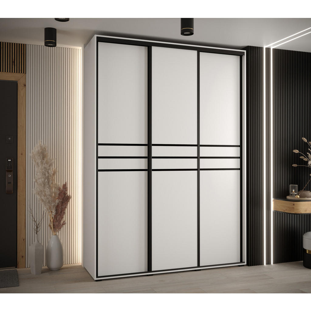 Thumbnail - Abiks Möbel Schwebetürenschrank, Weiß, Weiß, Schwarz, Metall, Nachbildung, 6 Fächer, 180x235x60 cm, Schlafzimmer, Kleide...