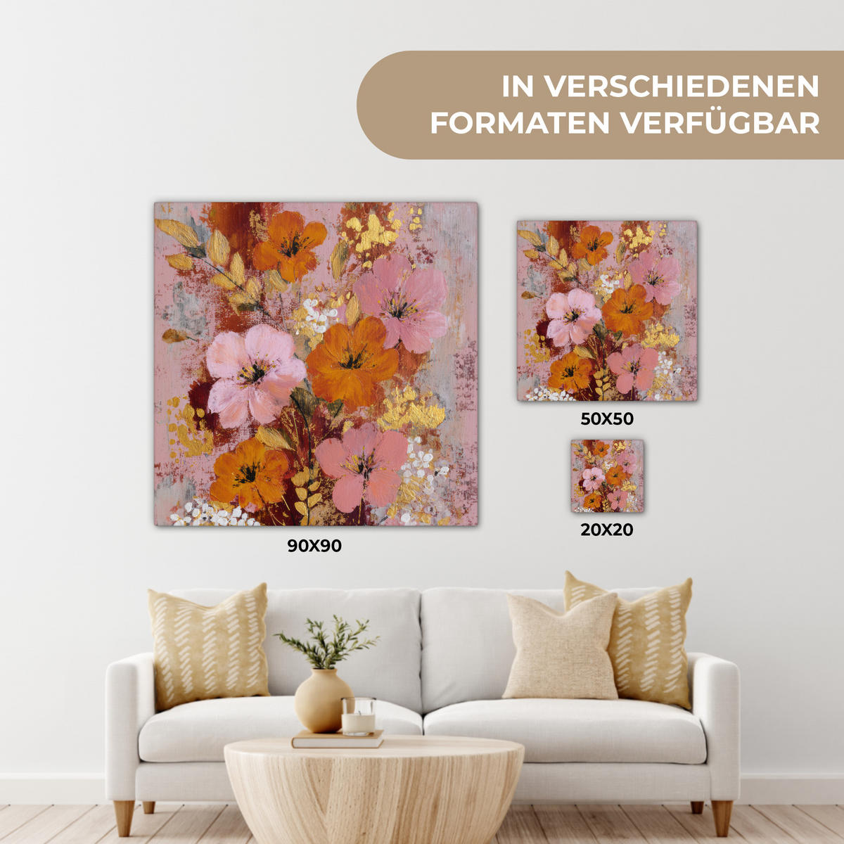 LEINWANDBILD Malerei - Blumen - Rustikal - Rosa Deko Groß 90x90 cm - Altrosa, Textil (90/90cm) - MuchoWow