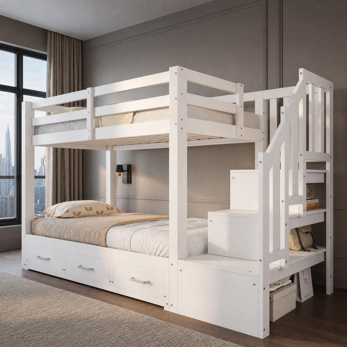 ETAGENBETT 90/200 mit Ausziehbettfunktion, Stauraumleiter und Schubladen in Weiß - Weiß, Holzwerkstoff (90/200cm) - EVRYAE
