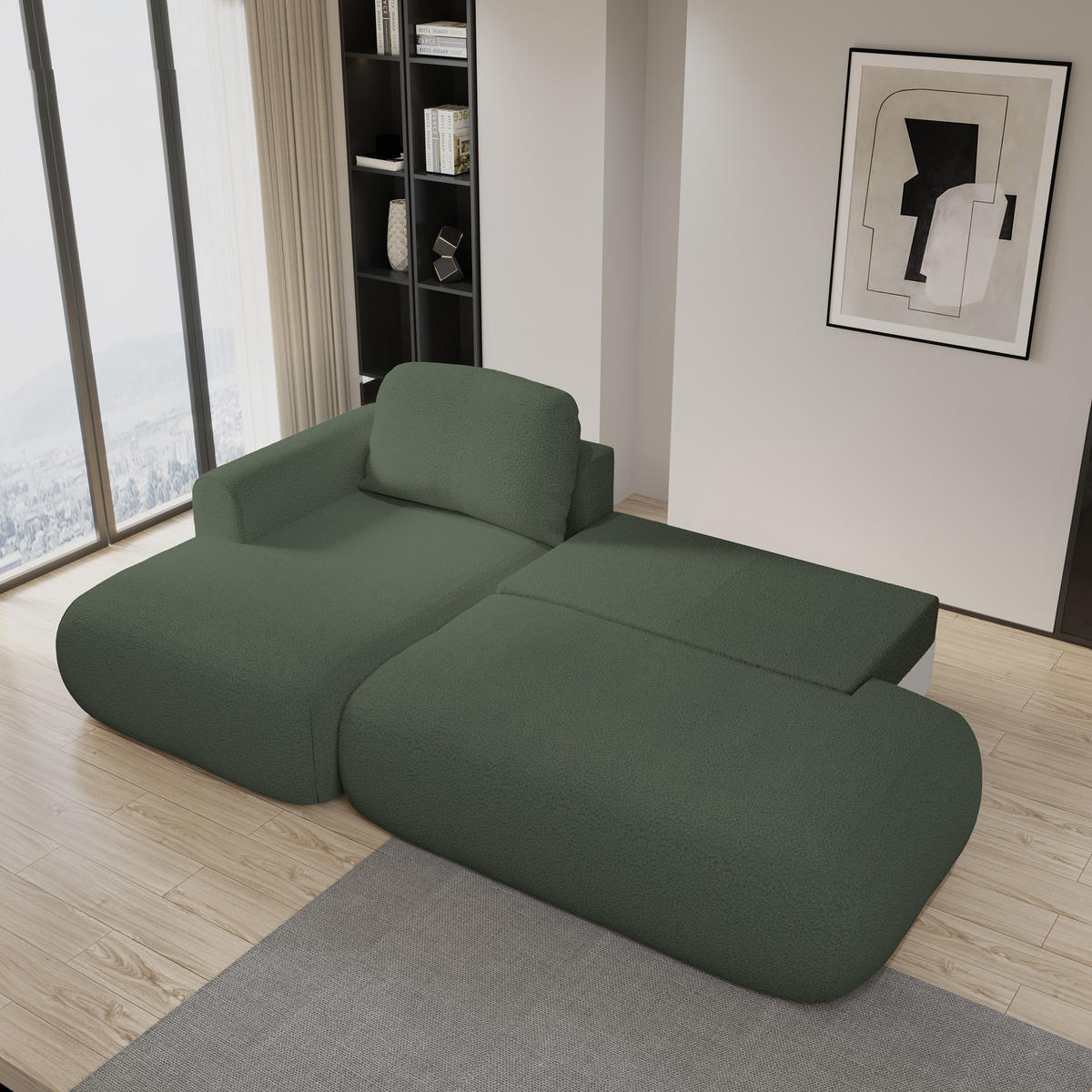 ECKSOFA NUVIRA L-S Grün Boucle-Stoff mit Schlaffunktion - Grün, Holz (274/165cm) - MASSENO