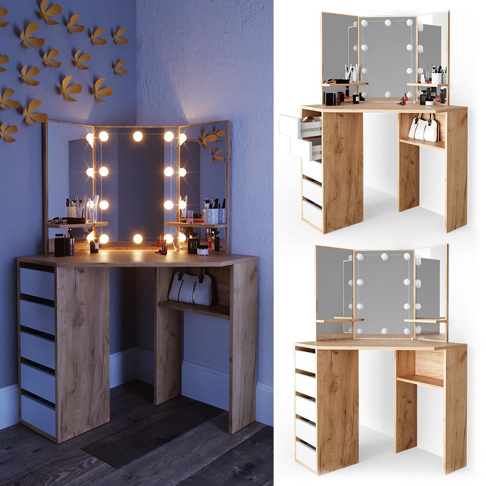 ECKSCHMINKTISCH Arielle Goldkraft Eiche 110 cm mit LED Beleuchtung - Honigeiche, Holzwerkstoff (110/141.5/54cm) - Vicco