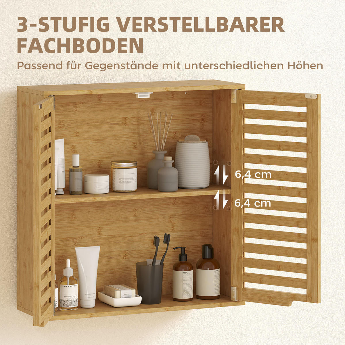 BADEZIMMERSCHRANK Wandschrank aus Bambus mit atmungsaktiven Lamellentüren Natur - Naturfarben, Naturmaterialien (20/60/60cm) - HOMCOM