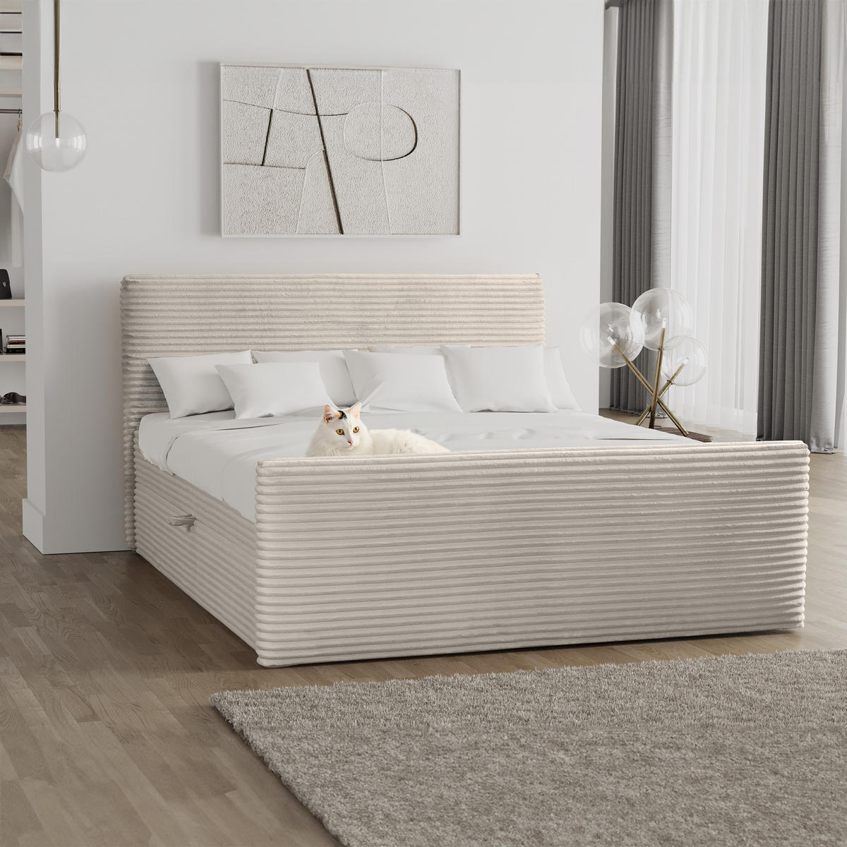 BOXBETT Mit Bettkasten Und Topper TRENTO Stoff Plüsch Cord 180x200 cm Ecru H2-Pocket - Ecru, Holz/Textil (180/200cm) - Kaiser Möbel