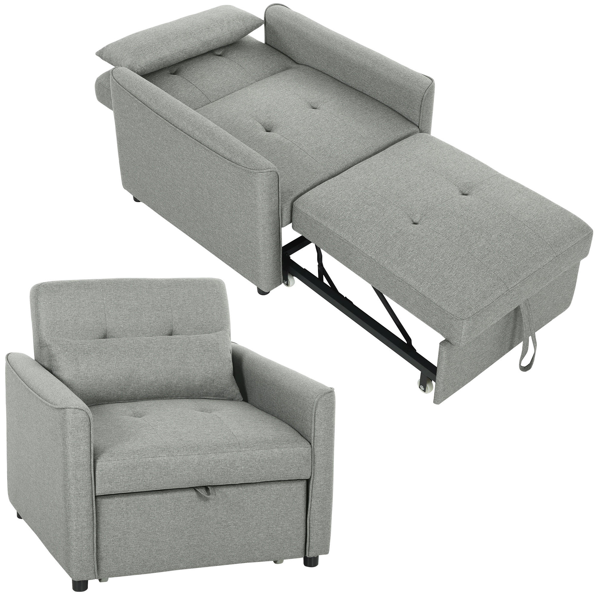 SCHLAFSESSEL 3-in-1 DE-08252 ausziehbar mit verstellbarer Rückenlehne Grau - Grau, Textil (187/45.5/68cm) - ComfortXL