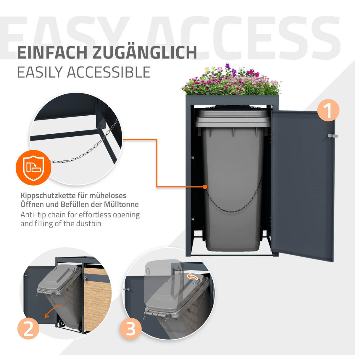 MÜLLTONNENBOX 3er mit Pflanzdach Anthrazit-Lärchenoptik - Hellbraun, Metall (80/124/200cm) - ML-DESIGN